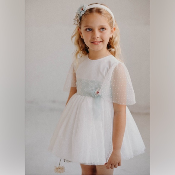 CYBERELLA BABY Ceremony Girls' Dress - Polka Dot Tulle (Aquamarine & Ivory) - Picture 2 of 11